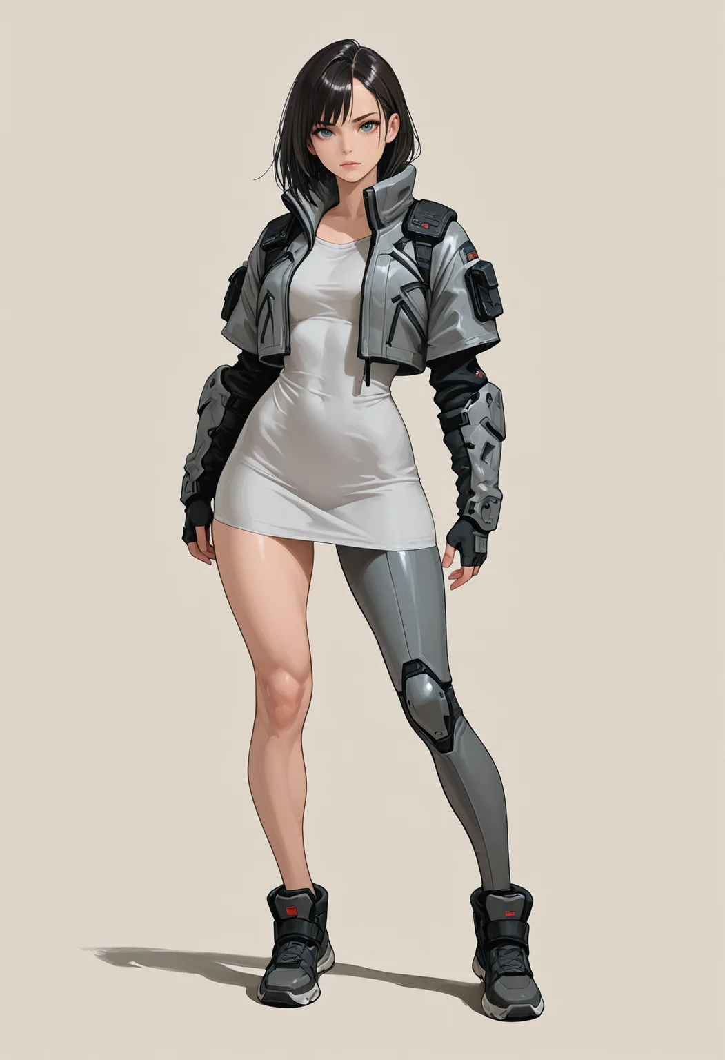 1woman, solo, beautiful woman,
standing, stoic stance, looking at viewer, (legs apart:0.8)
simple background, grey backgorund,
techwear outfit, urban style, cyberpunk clothing, futuristic fashion, cropped jacket, tactical jacket, elbow sleeves, (shirt dress:1.2), cotton shirt,  form-fitting shirt, uneven legging, (masterpiece), (best quality), (ultra-detailed), amazing quality, very aesthetic, illustration, perfect composition, intricate details, absurdres, incredibly absurdres,