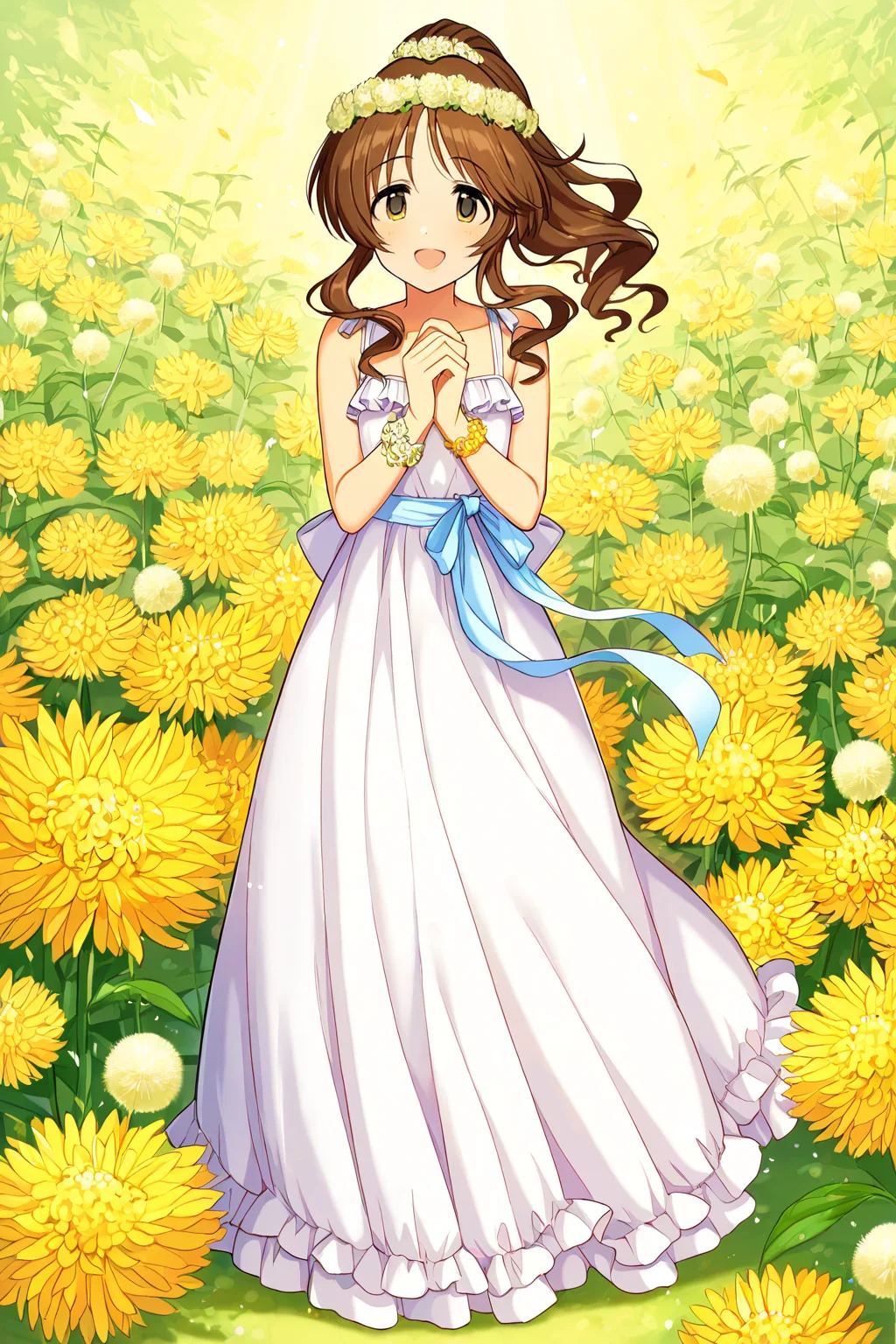 masterpiece,best quality,very aesthetic,absurdres,highres,newest,official art,official style,
1girl,solo,
takamori aiko,brown eyes,brown hair,long hair,sidelocks,
back bow,bangs,bare shoulders,blue ribbon,bow,bracelet,collarbone,dress flower bracelet,frilled dress,frills,hands together,head wreath,lips,long dress,parted bangs,ponytail,ribbon,sidelocks,sleeveless,sleeveless dress,wavy hair,white bow,white dress,
<lora:eye_focus:1>,eye_focus,
flower,dandelion,
jewelry,
smile,standing,full body,open mouth,looking at viewer,
<lora:idolmaster_takamori_aiko_ill_v1.0:1>,