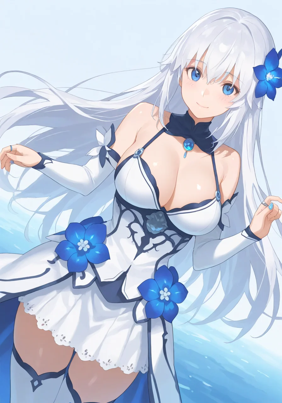 1girl, blue background, blue eyes, blue flower, blush, bra, breasts, cleavage, closed mouth, dress flower, flower, gem, hair flower, hair ornament, jewelry, large breasts, long hair, looking at viewer, ring, shiny skin, skirt, smile, solo, standing, thighhighs, underwear, water, white hair, white skirt, white thighhighs, BREAK character_concept, cowboy_shot, (dutch_angle:1.25), masterpiece, best quality, amazing quality, very aesthetic, absurdres, modern, recent, newest, <lora:FateGO-Memorial2023V2_IL_Style_epoch_6:1> F4t3M3m0V2, fantasy, novel illustration, cover image