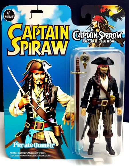 A photorealistic Captain Jack Sparrow action figure, housed in a clear plastic box. The figure sports Jack's signature pirate outfit, complete with a miniature compass and sword. The packaging is decorated with scenes of high seas and pirate ships, capturing the essence of the 'Pirates of the Caribbean' series,<lora:gonza_v2:0.7>