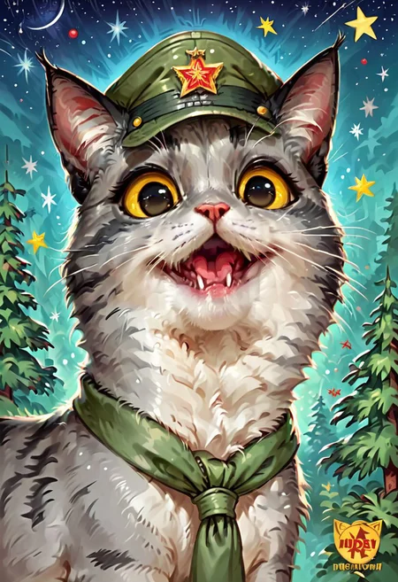 score_9, score_8_up, score_7_up, score_6_up, score_5_up, score_4_up, BREAK (soviet postcard, logo, komrade kat, propaganda portrait of very happy comrade cat, forest background), grey tabby cat, green soviet peaked cap, star shape, hammer and sickle, sun, blue sky, muted colors, Jed-Cosmos