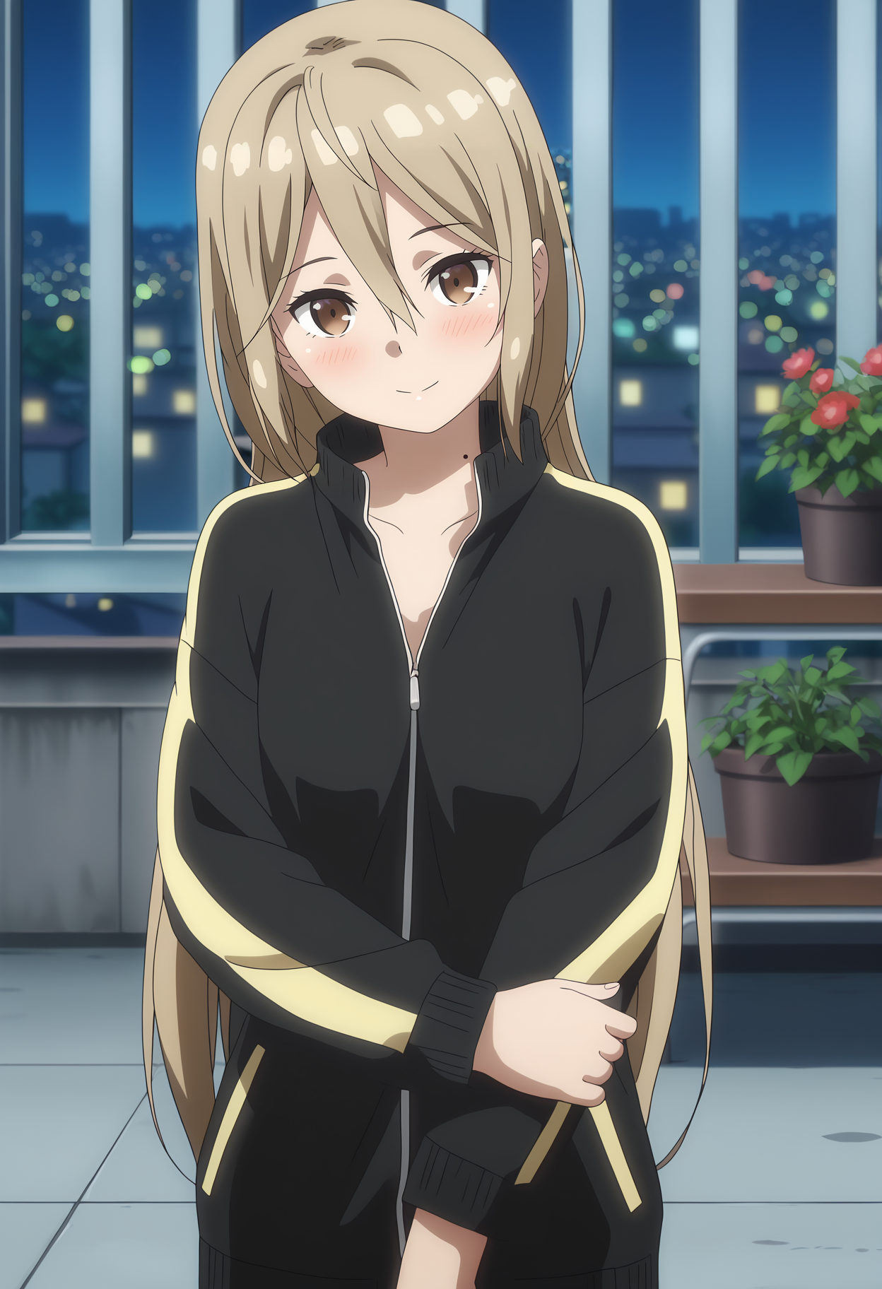 anime screencap,
<lora:OneRoom_KotokawaAkiraXL:0.9>,
1girl, solo, closed mouth, light smile, blush, head tilt,
long hair, light brown hair, hair between eyes, brown eyes, mole on neck,
AkiraGym, naked jacket, track jacket, black jacket, long sleeves, zipper,
v arms,
thigh gap, cowboy shot, standing, looking at viewer,
rooftop, night, dark, plants, bokeh, cityscape, city lights, outdoors,