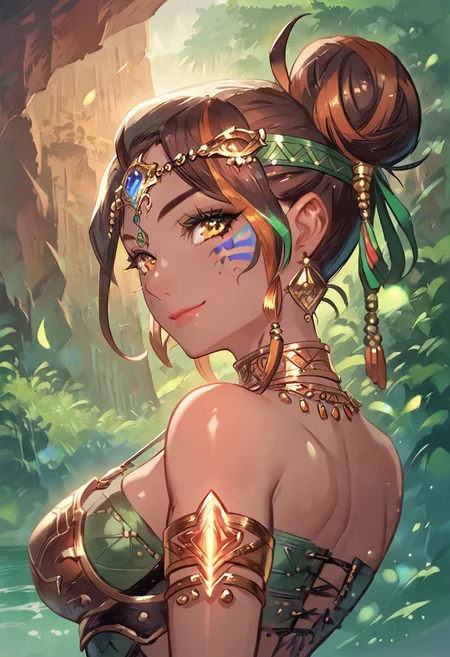 score_9, score_8_up, score_7_up,
outdoors background, detailed face, detailed clothing, gold green theme, source_anime, seaside cliff, rainforest,
BREAK
1girl, solo, detail1eye, dark skin, beautiful face, sharp facial feature, lipstick, face tattoo, closed mouth, sweet smile, warm expression, upper body focus, looking at viewer, green hair, brown hair, ((multicolored hair)), hair bun, golden eyes, unusual pupil, dynamic pose, hindu motif, armlet, leather armor, jewelry, golden necklace, turban, green headband, green feather ornament, medium breasts, turtle motif, earrings, bare shoulder, turtle, cowboy shot angle,