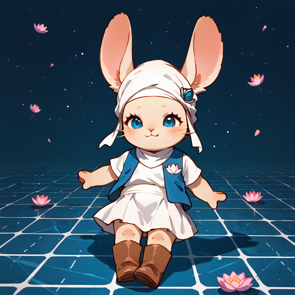 <lora:Final_Fantasy_-_Loporrit:1> loporrit, lagomorph, lotus position, white turban, blue vest, white shirt, short white skirt, brown boots, tiled floor, blue background, spaceship background, (chibi:0.8), cute, (chubby cheeks:0.5), <lora:StS_PonyXL_Detail_Slider_v1.4_iteration_3:4>, score_9, score_8_up, score_7_up, source_furry