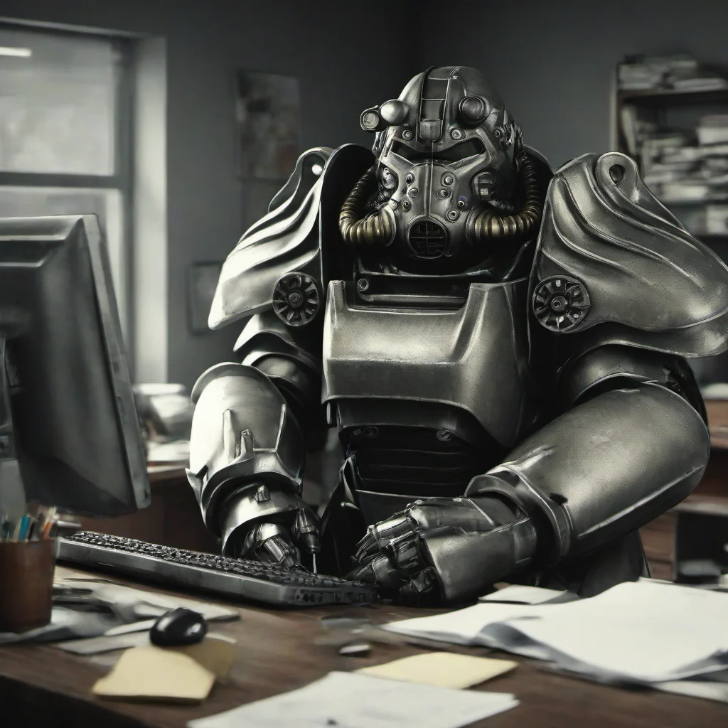 masterpice,high quality,
 <lora:PE_PowerArmor:0.8> PEPowerArmor,
inside office,doing office work on computer,bored and depressed