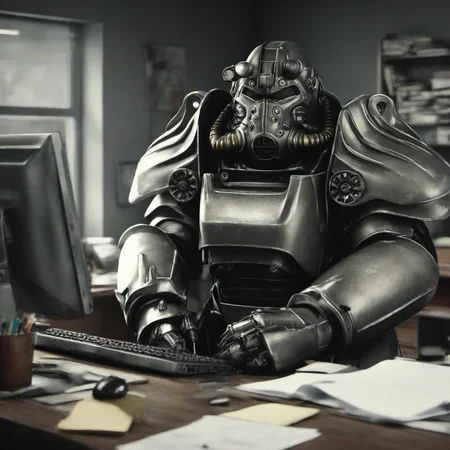 masterpice,high quality,
<lora:PE_PowerArmor:0.8> PEPowerArmor,
inside office,doing office work on computer,bored and depressed
