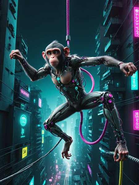 cyberanimals monkey hanging from a cable with one arm, dynamic pose, cyberpunk, city, neon lights, night, teal, magenta, yellow <lora:Neon_Cyberpunk_SDXL_Cyberanimals:0.8>, (masterpiece:1.2), best quality, (hyperdetailed, highest detailed:1.2), high resolution textures