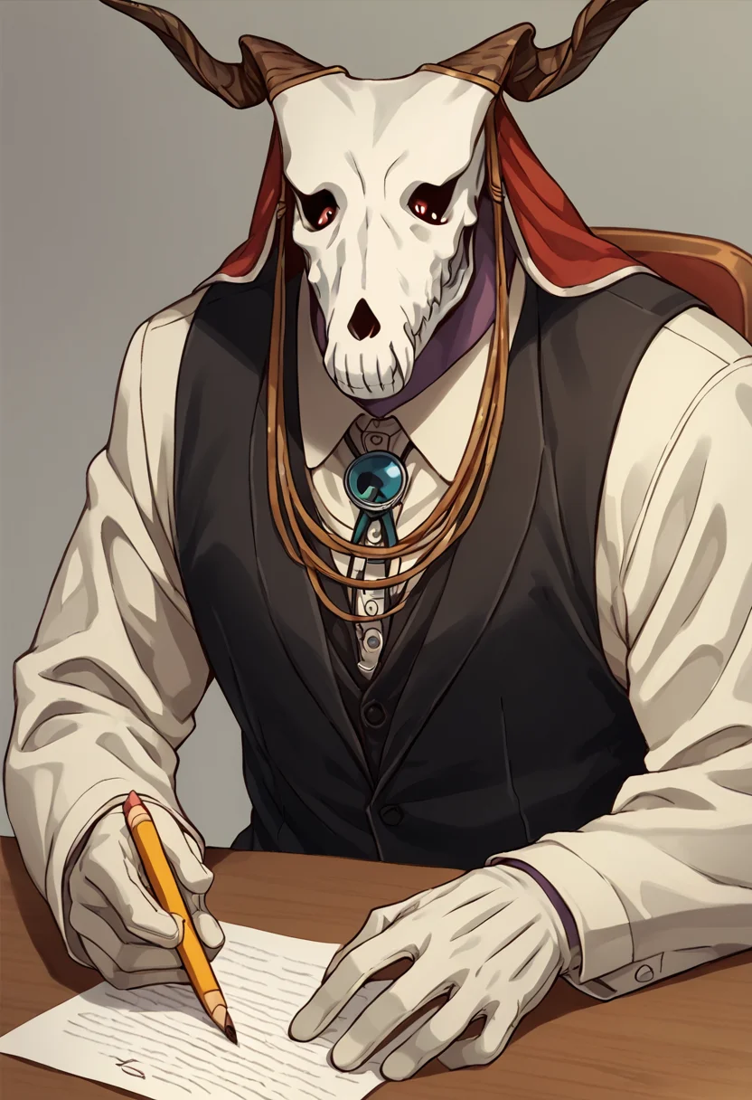 Elias, solo, horns, 1boy, skull, male focus,suit, shirt, vest, simple background,holding, pencil, paper, sitting, desk,gloves, writing, necktie <lora:EliasAinsworthPony1.0:1>, score_9, score_8_up, score_7_up, score_6_up, score_5_up, score_4_up cowboy shot,