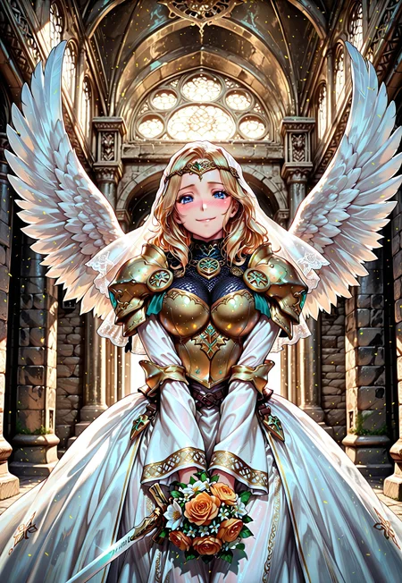 N4GAR3IPP0N, twir, masterpiece, highly detailed, 1girl, solo, a Valkyrie warrior woman, long wavy golden blonde hair, blue eyes, embarrassed smile, blush across the nose, golden circlet and white veil, with white wings, wearing a gold and white wedding dress, detailed patterns and geometric embroidering. silver trim, elegant armored shoulder plates, chainmail corset, beautiful, vibrant, colorful, looking at the viewer, holding a bouquet with a sword in it, in an old stone grand hall, arched vaulted ceiling, cinematic lighting and shadow, dynamic composition, Smooth Quality