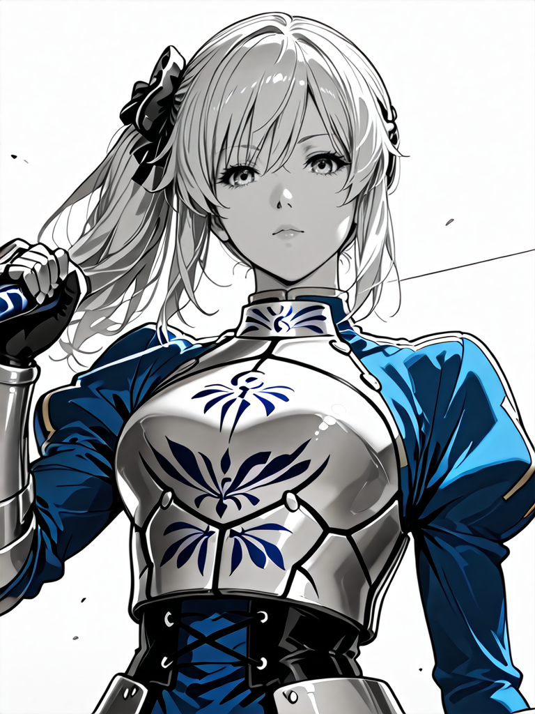 looking_at_viewer,solo,sexy posture,white_background,<lora:changchun1.2 illus>,monochrome,greyscale,eyelash,long hair,silver hair,medium breasts,side ponytail,hair ornament,hair bow,<lora:saber-fate-cosplay-ponyxl-lora-nochekaiser:1>,saberfatecosplay,saber \(fate\) \(cosplay\),armor,armored dress,blue dress,breastplate,dress,excalibur \(fate\/stay night\),gauntlets,juliet sleeves,long sleeves,puffy sleeves,sword,weapon,