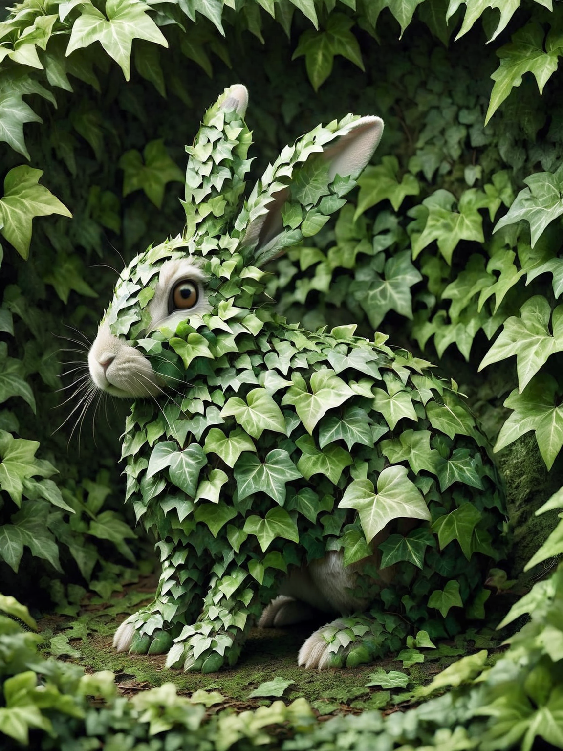 An ais-ivy rabbit, alert and crouched low, its ears sculpted from leaves, peeks out from a patch of sculpted ferns. <lora:ais-ivy-sdxl:1>