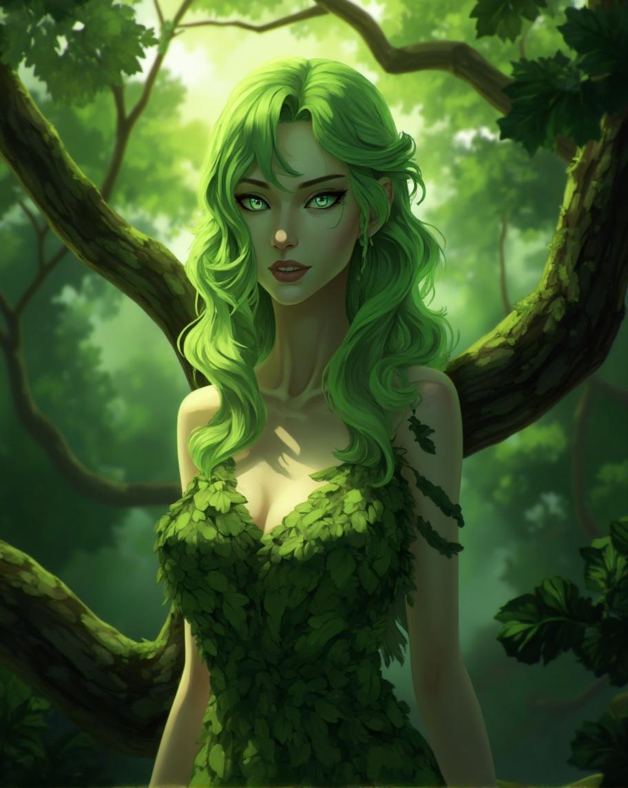 <lora:ck-LttleGhost-000011.safetensors:1> in the style of ck-lttlegh0stSubject: A mysterious woman with luminous green hair and a flowing, leaf-adorned gown stands at the center of a lush, forested scene bathed in ethereal sunlight.
She is an adult female with an ageless appearance, her skin having a porcelain-like complexion. Her hair is a vibrant green, cascading in voluminous curls that seem to have a life of their own. Her features are delicate, with high cheekbones and a slender nose. Her eyes are an unnerving shade of piercing blue, seeming to bore into the soul. She wears a flowing gown made of some sort of leaf-like material, which wraps around her body like a living entity. The dress is a mélange of earthy tones, blending seamlessly with the forest surroundings.
The camera's eye-level perspective adds to her enigmatic allure, placing the viewer in a direct confrontation with this mystical being. The soft lighting and rich green hues of the surrounding environment only serve to enhance the enchanting ambiance, drawing the viewer deeper into this surreal world.