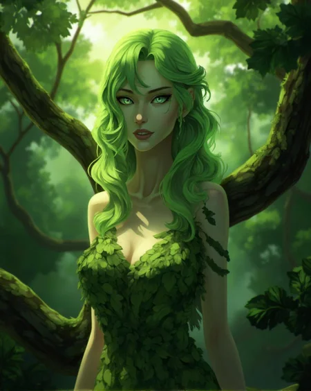 <lora:ck-LttleGhost-000011.safetensors:1> in the style of ck-lttlegh0stSubject: A mysterious woman with luminous green hair and a flowing, leaf-adorned gown stands at the center of a lush, forested scene bathed in ethereal sunlight.
She is an adult female with an ageless appearance, her skin having a porcelain-like complexion. Her hair is a vibrant green, cascading in voluminous curls that seem to have a life of their own. Her features are delicate, with high cheekbones and a slender nose. Her eyes are an unnerving shade of piercing blue, seeming to bore into the soul. She wears a flowing gown made of some sort of leaf-like material, which wraps around her body like a living entity. The dress is a mélange of earthy tones, blending seamlessly with the forest surroundings.
The camera's eye-level perspective adds to her enigmatic allure, placing the viewer in a direct confrontation with this mystical being. The soft lighting and rich green hues of the surrounding environment only serve to enhance the enchanting ambiance, drawing the viewer deeper into this surreal world.