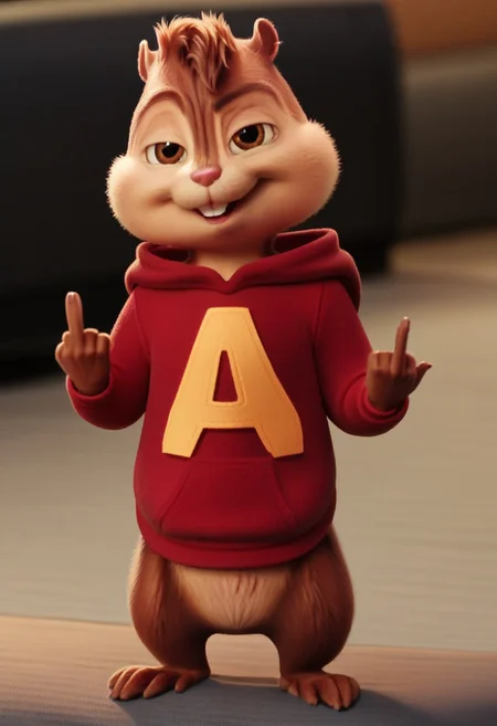 AlvinSeville, furry male, solo, chipmunk, red hoodie, tail, upper body, Realistic, middle finger, smug, brown eyes