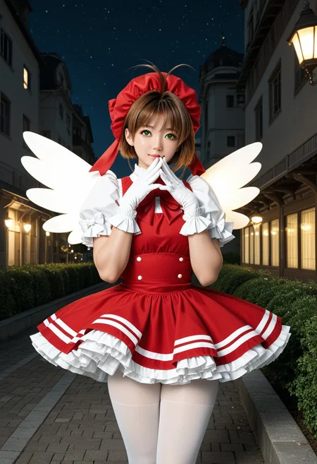 score_9, score_8, score_7, a high detail RAW color professional photo of a 18yo beautiful stunning plump woman posing for a picture, Kinomoto_Sakura, green_eyes, brown_hair, short_hair, antenna_hair, hair_intakes, perfect anatomy wide hips, narrow waist, broad shoulders, muscular and voluptuous body, magical_girl, white_gloves, red_dress, puffy_sleeves, red_bow, white_pantyhose, frills, red_headwear, white_wings, pose, outdoors, cityscape, night, soft lighting, 8k, perfect lighting, cinematic lighting, highly detailed eyes, highly detailed pupils, highly detailed face, highly detailed skin texture, highly detailed facial features, highly detailed hair texture, highly detailed body, highly detailed hands and fingers, highly detailed nails, highly detailed background, cowboy shot, looking at the viewer, f/2.8, 50mm focal length, ISO 200, photographed on a Canon EOS 90D Camera