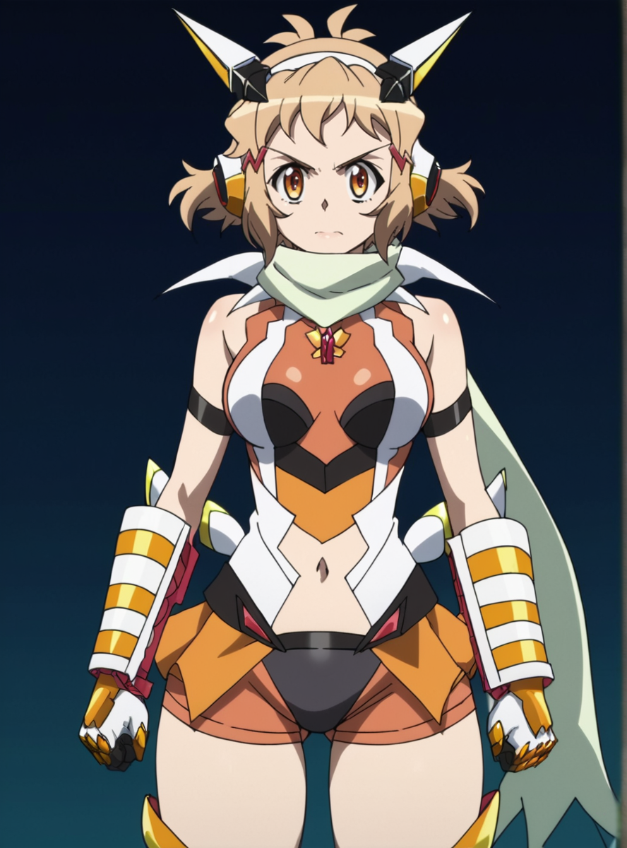 score_9, score_8_up, score_7_up, score_6_up, score_5_up, score_4_up, source_anime, masterpiece , anime screencap, anime_lineart anime coloring,  <lora:TachibanaHibiki:1>tachibana hibiki (symphogear),1girl, solo, gloves, headphones, scarf, gauntlets,(navel cutout), thick thighs, thick arms,