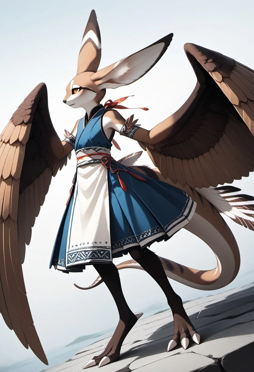 1person, Palagiri, anthro, feline features, feline nose, large ears, ((wing arms)), large wings, arms lowered, digitigrade legs, long tail, tapering tail, feather-tipped tail,
Dutch angle,
Source: anime, score: 9, score: 8up,