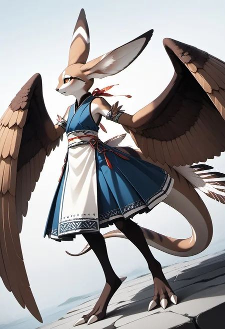 1person, Palagiri, anthro, feline features, feline nose, large ears, ((wing arms)), large wings, arms lowered, digitigrade legs, long tail, tapering tail, feather-tipped tail,
Dutch angle,
Source: anime, score: 9, score: 8up,
