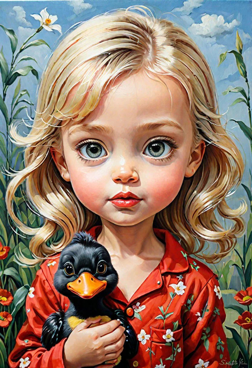 adorable little blonde haired Shirley Tample in red pajamas, holding a plus daffy duck. oil painting, heavy strokes, sharp focus, in the style of margaret keane, sheena pike, anna liwanag