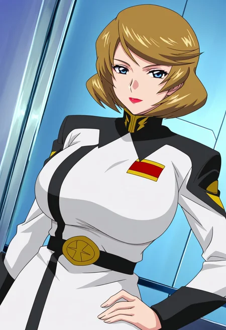 general,highres, ultra-detailed,very aesthetic,best quality ,best hands,best eyes,easynegative,
dynamic anglre, dutch angle, anime cloring,anime screencap,
1girl solo,looking at viewer,space ship, indoors, hand on hip,
Talia Gladys,yellow_hair, short_hair, lipstick, blue_eyes, huge_breasts,military uniform,