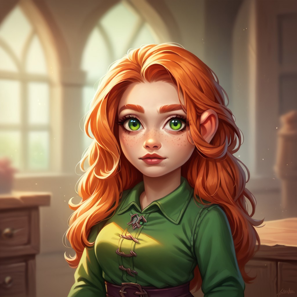 (((detailed, beautiful, high quality))), score_9, score_8_up, score_7_up, upper body, 
Gnome, short stature, shortstack, big eyes, big ears,
1 girl, ginger hair, long hair, green eyes, freckles, green shirt, medieval office shirt,
looking at the viewer, posing, 
blurred background, fantasy background, rustic background,