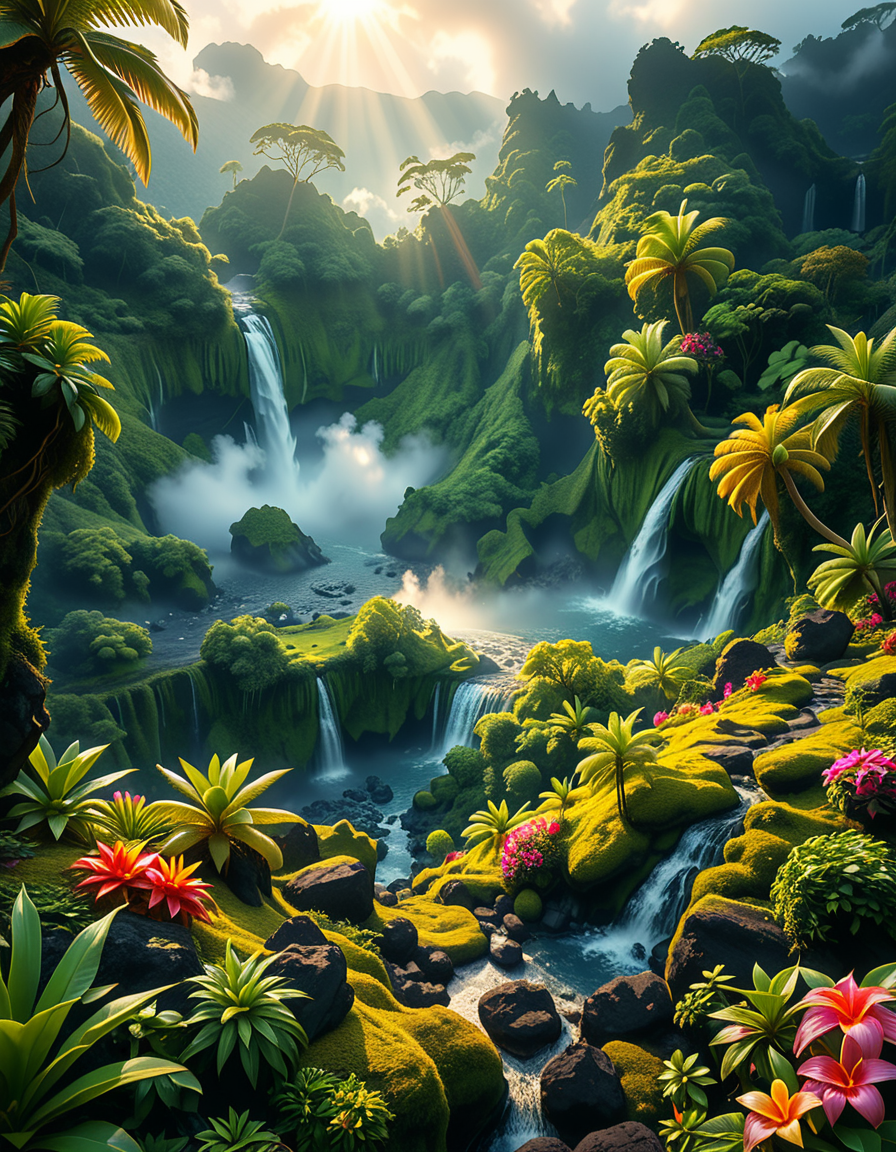 A breathtaking view of an ancient, dormant volcano now transformed into a lush, vibrant natural sanctuary. The crater is filled with dense tropical forests, colorful exotic flowers, cascading waterfalls, and mist swirling gently in the morning light. Vines and moss cover the dark volcanic rocks, and small streams wind down the slopes. while rays of sunlight pierce through the dense canopy, creating sparkling reflections on the water. The atmosphere feels peaceful, enchanted, and untouched by humans. The scene is depicted in an ultra-detailed, hyper-realistic style, with warm, soft lighting and rich, saturated colors that enhance the magical and serene mood of the landscape.
<lora:SDXLFaeTastic2400:0.4> <lora:extremely_detailed:0.4> extremely detailed, <lora:dormant_v0lc4n0:1>,dormant v0lc4n0, Masterpiece,best quality,hi res,8k,hi res,8k,award winning,(sharp focus, intricate, highly detailed),