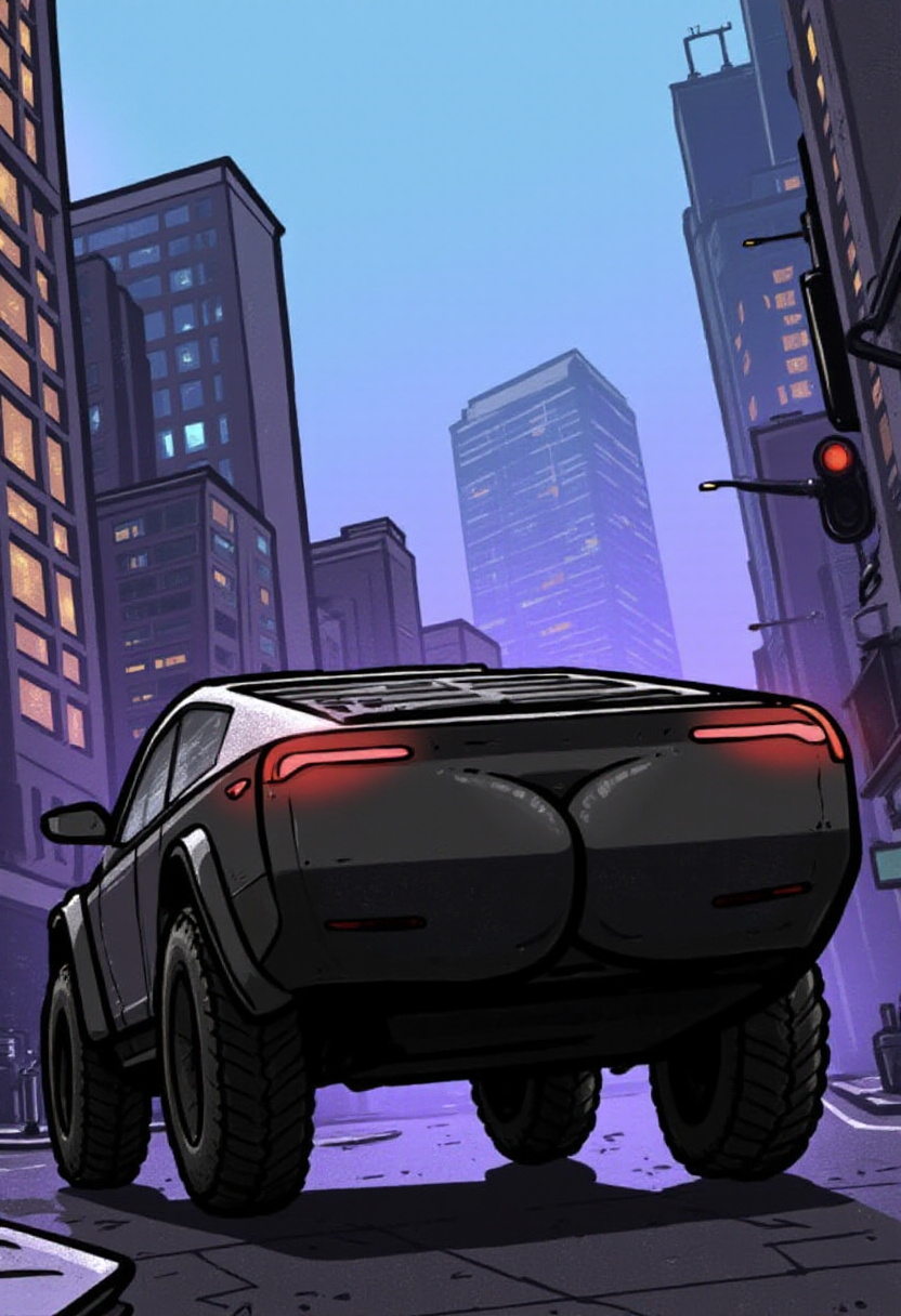 <lora:Butt_Stuff_FLUX-000018:1.1> 
Cartoon illustration of a Tesla Cybertruck with a large, rounded rear end that has a pair of cartoonishly large, round buttocks. Cyberpunk city background.