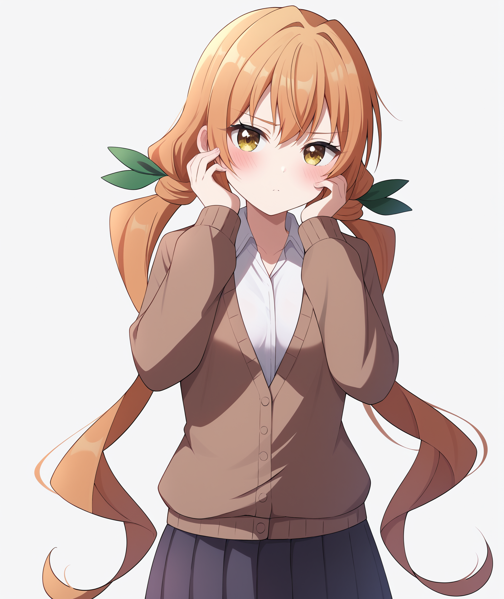 score_9, score_8_up, BREAK, source_anime, best quality, masterpiece, 2d, intricate details, official style, anime, 4k, anime style,
pkarane, 1girl, solo, orange hair, brown eyes, yellow eyes, very long hair, long hair, twintails, low twintails, hair ornament, blush, bangs, hair ribbon, ribbon, green ribbon, inda karane, kimi no koto ga dai dai dai dai daisuki na 100-nin no kanojo,
medium breasts, skirt, shirt, long sleeves, school uniform, white shirt, pleated skirt, collared shirt, black skirt, sleeves past wrists, dress shirt, cardigan, puffy long sleeves, cropped legs, brown cardigan,
cowboy shot, hands on own face, looking at viewer, white background, simple background, <lora:add_details_xl:0.4>, <lora:Karane1024_Pony:1>