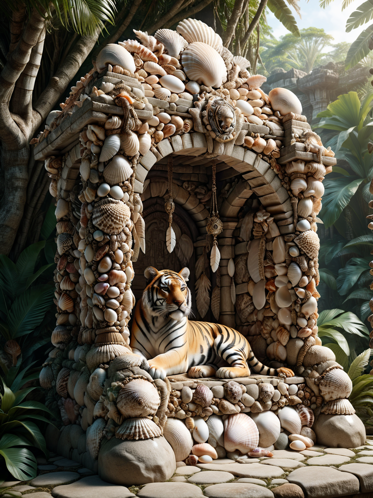 (lush jungle:1.4), stone shrine of a tiger ornated with mad-seashells, feathers,  leather strap <lora:Sea_Shells_SDXL:0.8>, masterpiece, best quality, ultra high res, (photorealistic, realistic:1.2), deep shadow, raw photo, film grain, Fujifilm XT3, 8k uhd, dslr