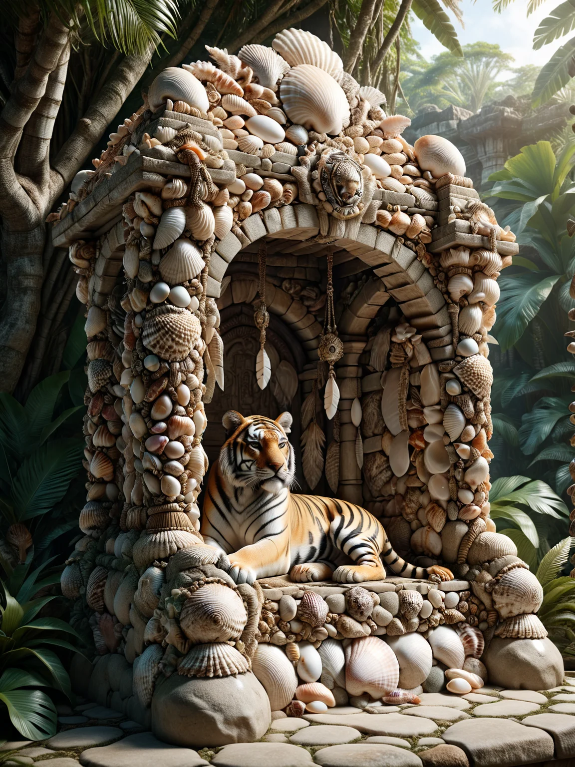 (lush jungle:1.4), stone shrine of a tiger ornated with mad-seashells, feathers, leather strap <lora:Sea_Shells_SDXL:0.8>, masterpiece, best quality, ultra high res, (photorealistic, realistic:1.2), deep shadow, raw photo, film grain, Fujifilm XT3, 8k uhd, dslr