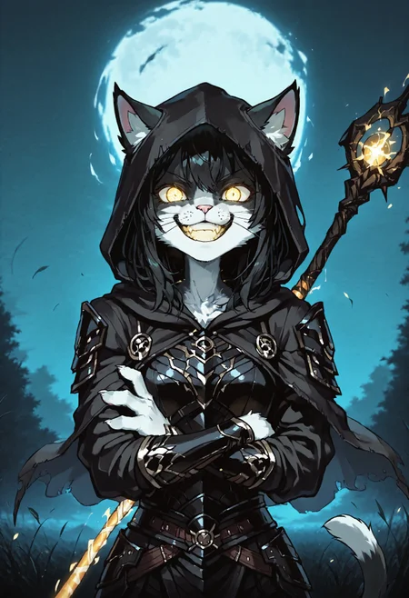 score_9, score_8_up, score_7_up, (solo), masterpiece, best quality, very aesthetic, sfw, INFMixV1.0, dim light
BREAK 1girl, Ember (ESO), anthro, feline, black and white fur, black hair, slim, (black armor), hood, yellow eyes, glowing eyes, glowing grin, (wizard's staff on the back:1.2), upper body, crossed arms, cat tail
BREAK  night, darkness, meadow, grin, crazy eyes, looking at viewer, face close up, extremely detailed, simple background, sharp focus, extremely detailed, high detail, detailed face
BREAK detailed eyes, detailed hair, depth of field, detailed fluffy fur, (dynamic pose, (dynamic angle))
