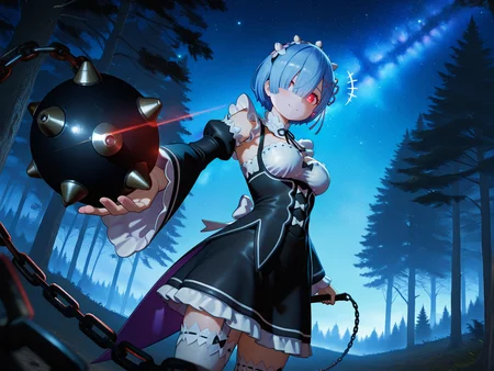 best quality,amazing quality,cinematic,very aesthetic,absurdres,newest,huge filesize,highres,sensitive,
<lora:SQ2-000048:1>,3D,SQ2,
(lineless:1.2),rem \(re:zero\),glowing eye,ball and chain \(weapon\),cowboy_shot,action pose BREAK masterpiece,detailed shading,detailed background,detailed foreground,detailed clothing,detailed eyes,dutch angle,perspective,dark,low angle,horn,
tree,starry_sky,forest,tree,light leaks,(best shadow:1.2),cinematic lighting,ray tracing,+++,macro_shot,