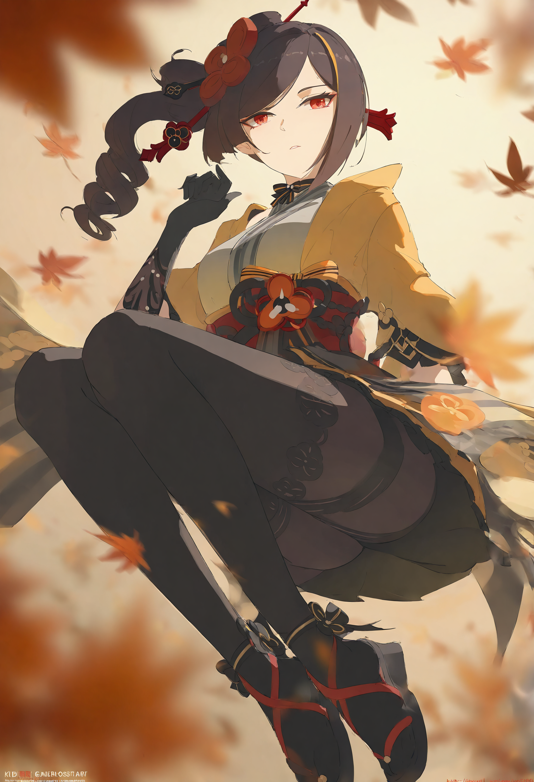 void 0, genshin impact, chiori \(genshin impact\), 1girl, artist name, ass, asymmetrical sidelocks, autumn leaves, bike shorts, black footwear, black gloves, black hair, black pantyhose, black thighhighs, blurry, blurry foreground, depth of field, floating hair, full body, gloves, japanese clothes, kimono, leaf, long sleeves, looking at viewer, maple leaf, medium hair, obi, okobo, pantyhose, parted lips, pleated skirt, red eyes, red sash, sandals, sash, short kimono, skirt, solo, thighhighs, thighhighs over pantyhose, thighs, upskirt, watermark, web address, wide sleeves, yellow kimono