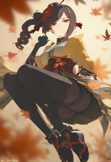 void 0, genshin impact, chiori \(genshin impact\), 1girl, artist name, ass, asymmetrical sidelocks, autumn leaves, bike shorts, black footwear, black gloves, black hair, black pantyhose, black thighhighs, blurry, blurry foreground, depth of field, floating hair, full body, gloves, japanese clothes, kimono, leaf, long sleeves, looking at viewer, maple leaf, medium hair, obi, okobo, pantyhose, parted lips, pleated skirt, red eyes, red sash, sandals, sash, short kimono, skirt, solo, thighhighs, thighhighs over pantyhose, thighs, upskirt, watermark, web address, wide sleeves, yellow kimono