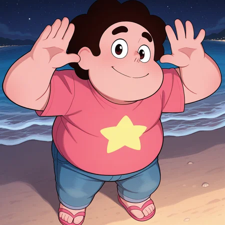 score_9, score_8_up, score_7_up, best quality, source_anime, steven universe, dark hair, human, male, solo, fat, plump, obese, 1boy, young, chubby cheeks, outdoors, beach, smile, pink shirt, star on shirt, blue jeans, pink sandals, viewer, smile, short, standing, vertical nostrils, pose, five fingers 