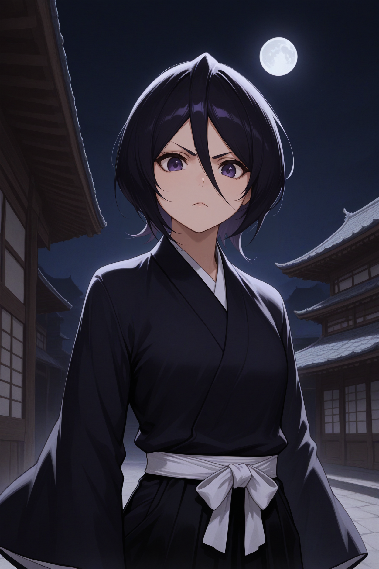 masterpiece, best quality, 1girl, solo, <lora:kuchikirukia-illu-nvwls-v1-000006:1> bcrka, black hair, short hair, hair between eyes, dark purple eyes, black kimono, white sash, black hakama, wide sleeves, upper body, east asian architecture, night sky, looking at viewer, serious, outdoors, moon