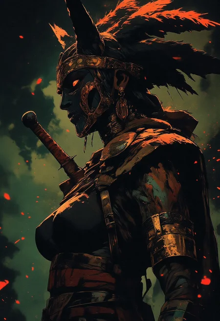 Female aztec warrior, tribal, wolf head hat, Revenant, war paint, face paint, eye black, glowing eyes, in profile, toned arms, braided hair, battle damaged armor, large breasts, breast plate, dark and moody background, adds a dramatic tone, subtle lighting reflections, ray traced, foreshortening, particle effect, Holding a sword,