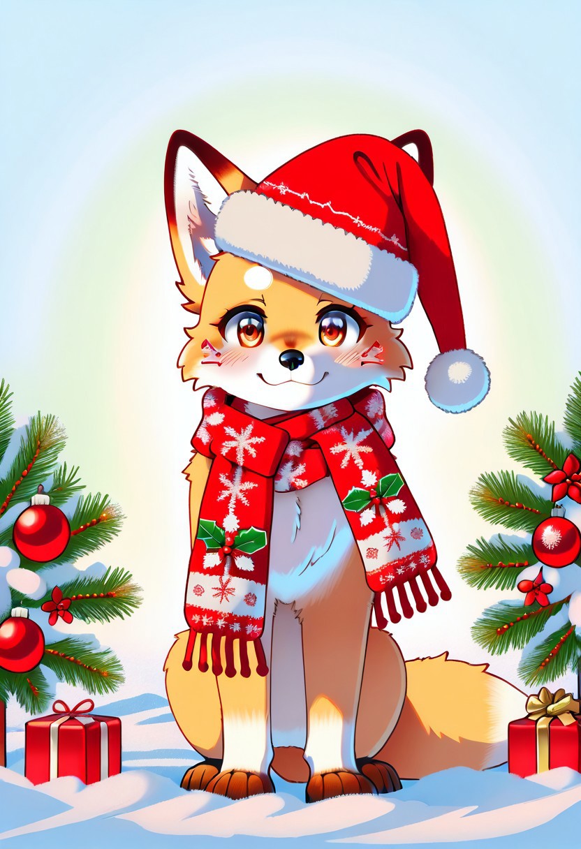 Animal Christmas, masterpiece, best quality, Kitsunes, female anthropomorphic fox, athletic, lean perfect body, Soft White Fur, Christmas Magic, green and red hats, festive scarves, tiny presents, snow-covered branches, Japanese Christmas decorations, foreboding magical setting, mysterious mood, wrapping gifts inquisitive expression, holiday spirit, cozy ambiance