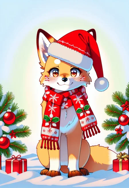 Animal Christmas, masterpiece, best quality, Kitsunes, female anthropomorphic fox, athletic, lean perfect body, Soft White Fur, Christmas Magic, green and red hats, festive scarves, tiny presents, snow-covered branches, Japanese Christmas decorations, foreboding magical setting, mysterious mood, wrapping gifts inquisitive expression, holiday spirit, cozy ambiance