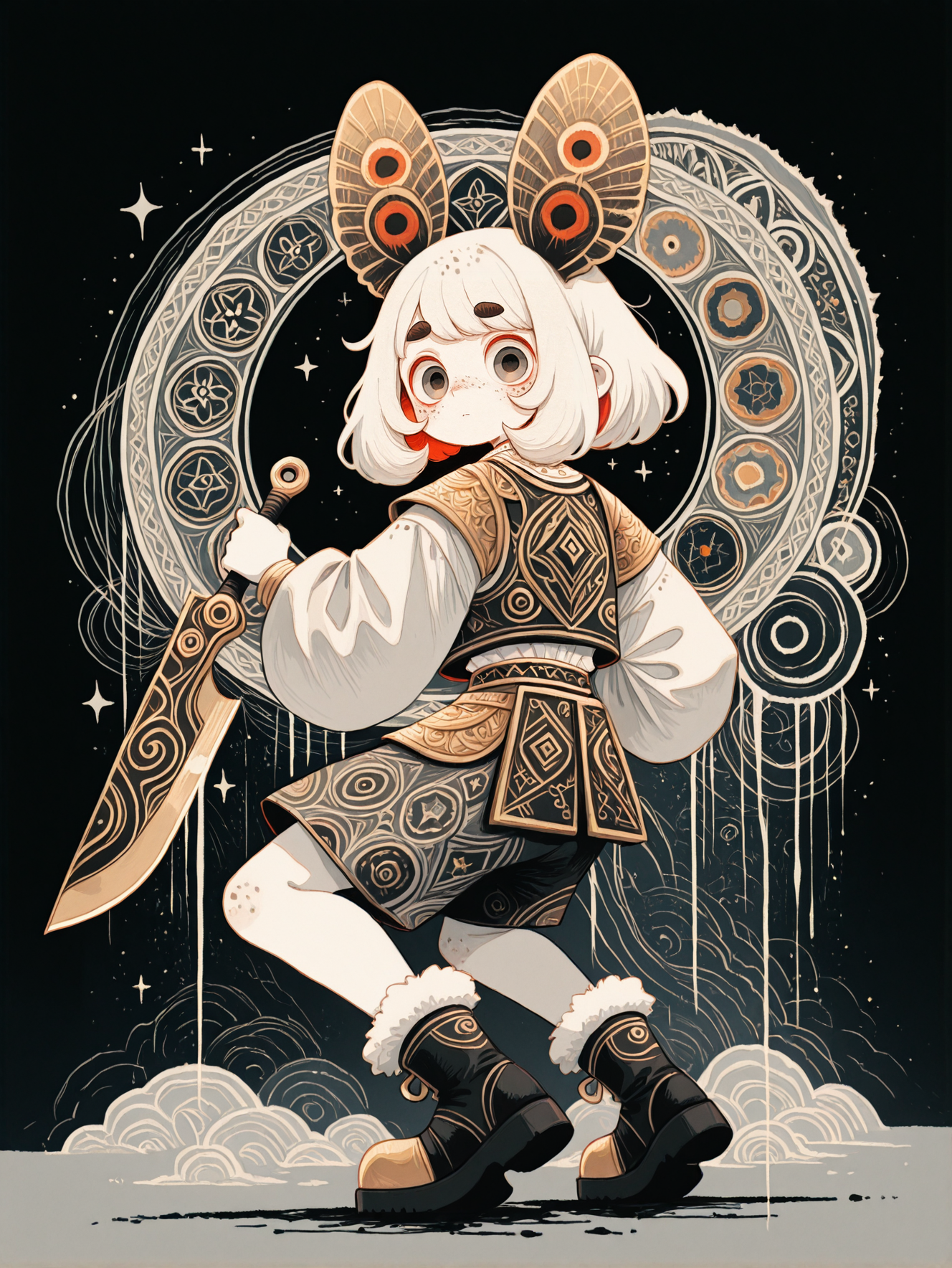masterpiece,best quality,amazing quality,very aesthetic, haiz_ai, wasabi_natsume_illu, LeIsT0_illu, in the style of cksc, (solo:1.4), 
abstract,surreal, no lineart,no outline, anime style, dark Fairytale, 2d, 
        looking at viewer, thick eyebrows,      heavy fur-trimmed boots,    moth ears, freckles, full body freckles, armored vest, white skin, colored skin, from behind, looking back, looking at viewer, dynamic angle,, crouching fighting pose,, translucent knife, holding weapon, large weapon, colossal weapon, oversized weapon,,   fighting pose, 
elaborate print,  
 ornate shorts,
baggy clothes, oversized clothes,   
    golden,  gray theme, elaborate background, patterns, cosmic,  spot colors,    
<lora:wasabi_natsume_style_r1:1> <lora:haiz_ai_illu:1> <lora:xl_more_art-full_v1:0.6> <lora:Dark_Ghibli:0.2> <lora:illustrious_very_aesthetic_v1:0.2> <lora:Navi_GreedStrokes_IL:0.4> <lora:LeIsT0_style:0.2>