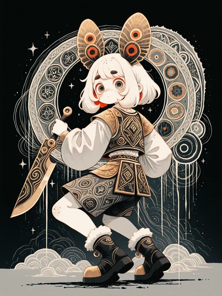 masterpiece,best quality,amazing quality,very aesthetic, haiz_ai, wasabi_natsume_illu, LeIsT0_illu, in the style of cksc, (solo:1.4), 
abstract,surreal, no lineart,no outline, anime style, dark Fairytale, 2d, 
        looking at viewer, thick eyebrows,      heavy fur-trimmed boots,    moth ears, freckles, full body freckles, armored vest, white skin, colored skin, from behind, looking back, looking at viewer, dynamic angle,, crouching fighting pose,, translucent knife, holding weapon, large weapon, colossal weapon, oversized weapon,,   fighting pose, 
elaborate print,  
 ornate shorts,
baggy clothes, oversized clothes,   
    golden,  gray theme, elaborate background, patterns, cosmic,  spot colors,    
<lora:wasabi_natsume_style_r1:1> <lora:haiz_ai_illu:1> <lora:xl_more_art-full_v1:0.6> <lora:Dark_Ghibli:0.2> <lora:illustrious_very_aesthetic_v1:0.2> <lora:Navi_GreedStrokes_IL:0.4> <lora:LeIsT0_style:0.2>