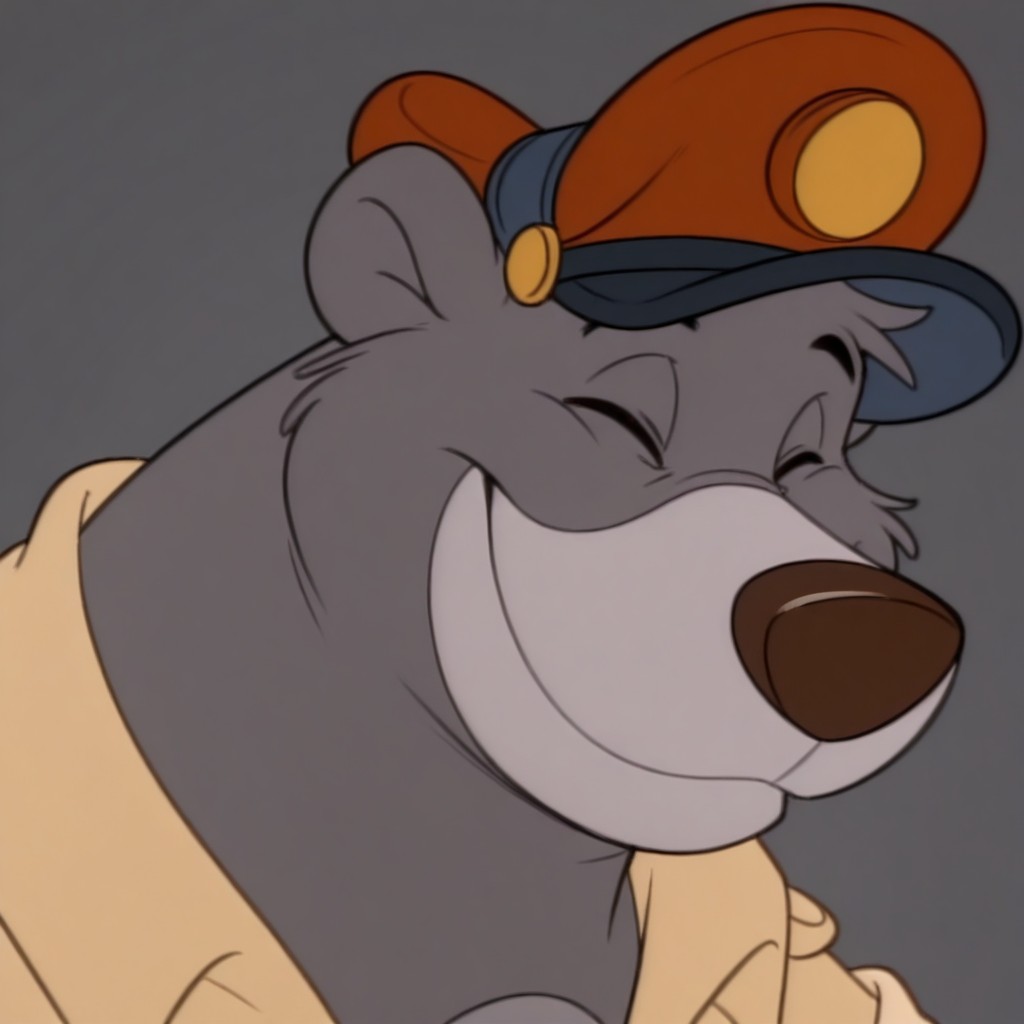 masterpiece, best quality, amazing quality, baloots, male, furry male, anthro, solo, sloth bear, grey fur, two tone fur, grey muzzle, brown nose, black eyes, claws, brown shirt, red pilot cap, smile, closed eyes, close up, portrait, grey background