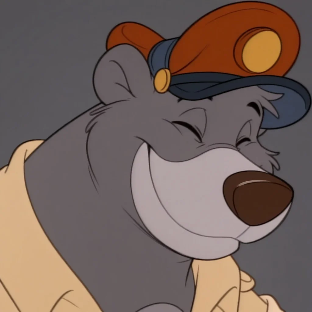 masterpiece, best quality, amazing quality, baloots, male, furry male, anthro, solo, sloth bear, grey fur, two tone fur, grey muzzle, brown nose, black eyes, claws, brown shirt, red pilot cap, smile, closed eyes, close up, portrait, grey background