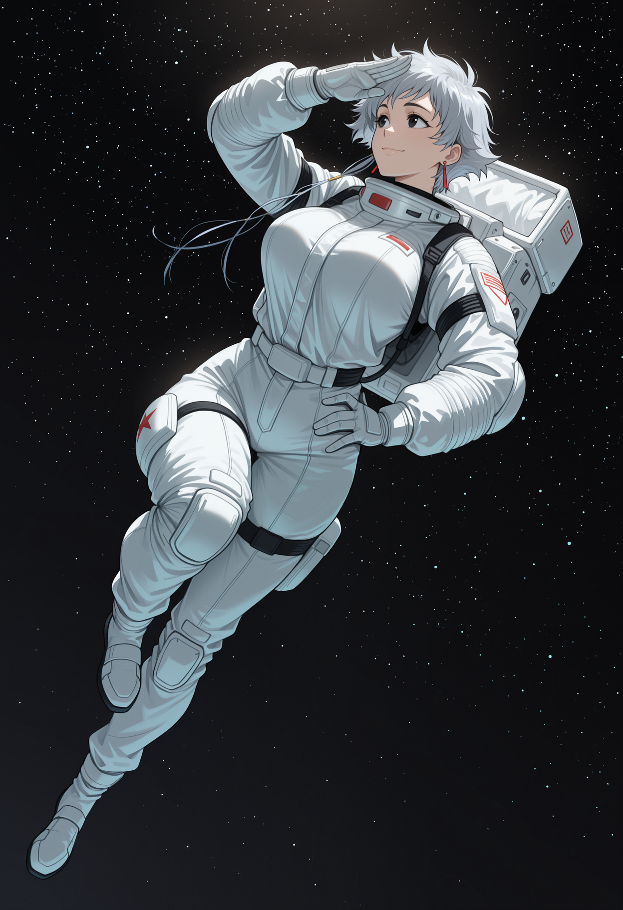 masterpiece, best quality, highres, absurdres, very awa, 1girl, solo, is4ne, silver hair, short hair with long locks, large breasts, earrings, astronaut, spacesuit, black background, space, star \(sky\), starry sky, pointing, outstretched arm, hand on own hip, black eyes, full body, pointing forward, looking ahead, (floating), dutch angle, knee up, looking afar, shading eyes, sunlight, closed mouth, smile