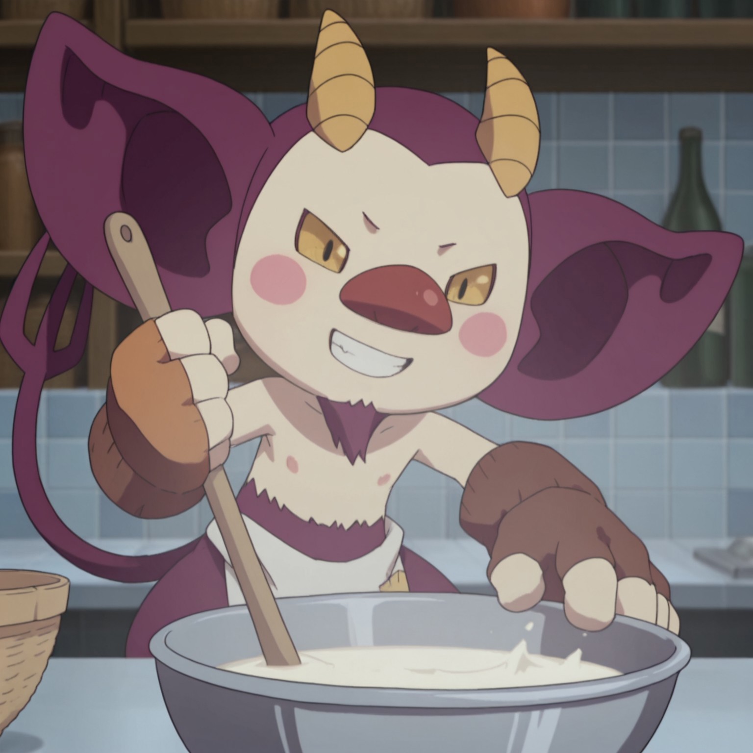 2d, 1boy, solo, Ukobach, imp, male, purple fur, beige skin, horns, yellow sclera, black pupils, blush stickers, big ears, big red nose, goatee, tail, nipples, fingerless gloves, loincloth

BREAK kitchen, grin, on counter, indoors, bowl, holding spoon, stirring, from above

BREAK best quality, amazing quality, very aesthetic, absurdres, newest, masterpiece 