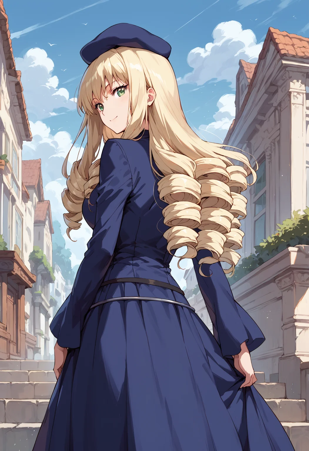 score_9, score_8_up, score_7_up, , score_ANIME , adilisia, 1girl, solo, long hair, blue dress, long dress, drill hair, from behind, beret<lora:adilisia_pony2:0.8> breasts, cowboy shot, long dress, looking at viewer, smile, looking back,
