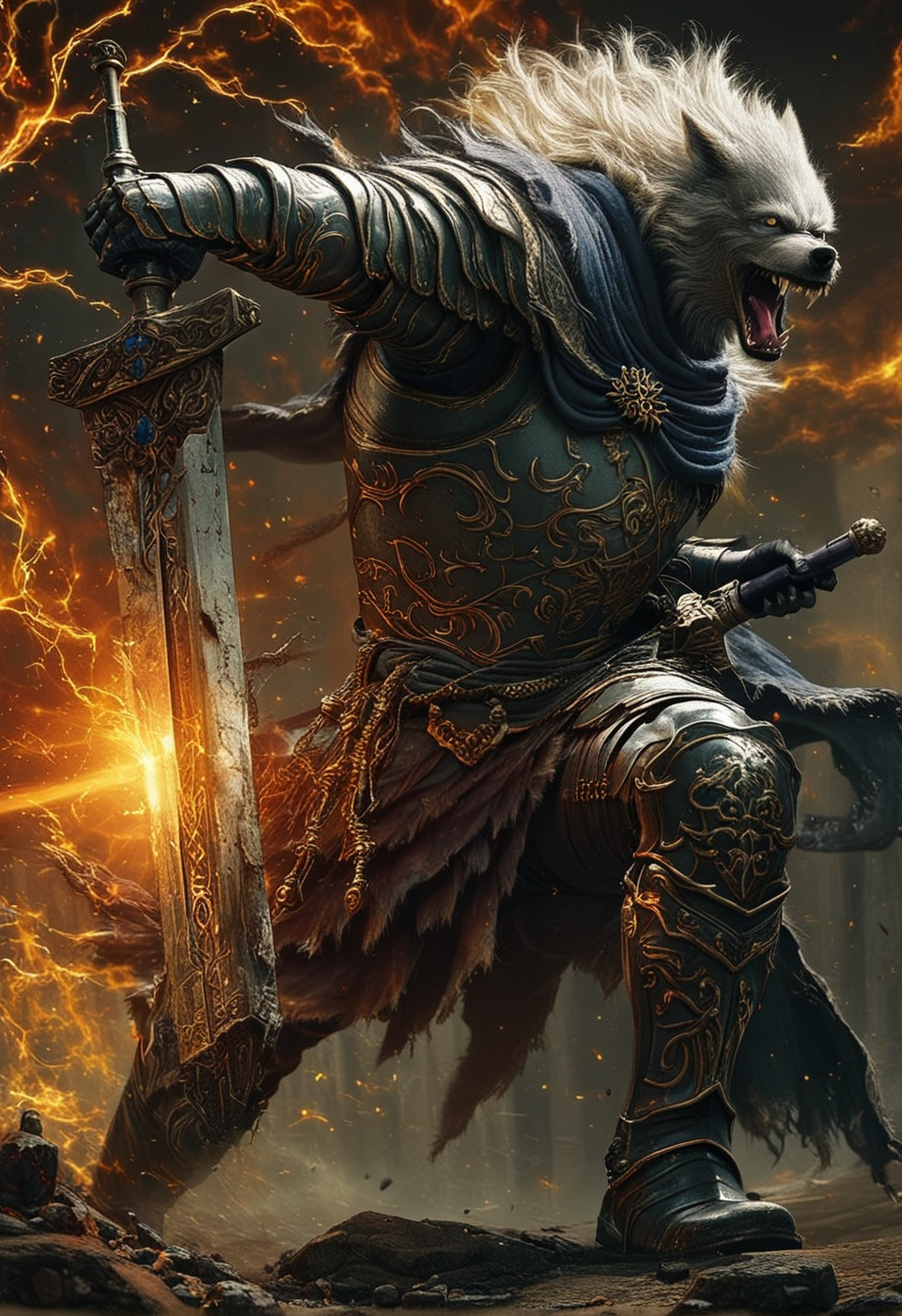 masterpiece, photorealistic, wolf-man, Blaidd by Elden Ring, broadsword, action pose, extreme detail, dramatic  angle, heroic