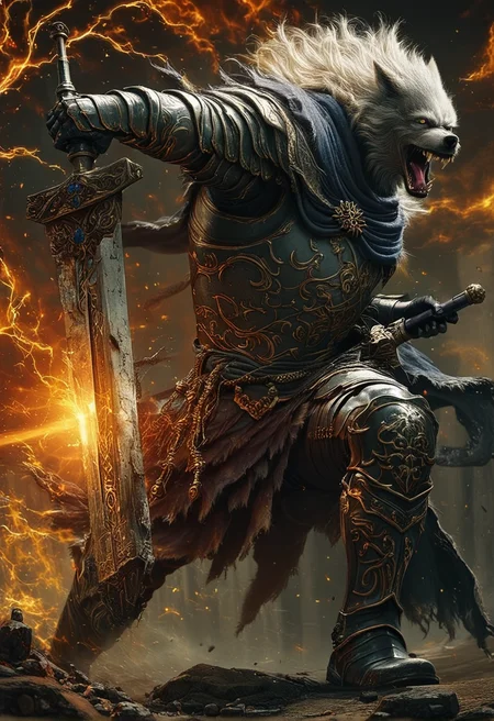 masterpiece, photorealistic, wolf-man, Blaidd by Elden Ring, broadsword, action pose, extreme detail, dramatic angle, heroic
