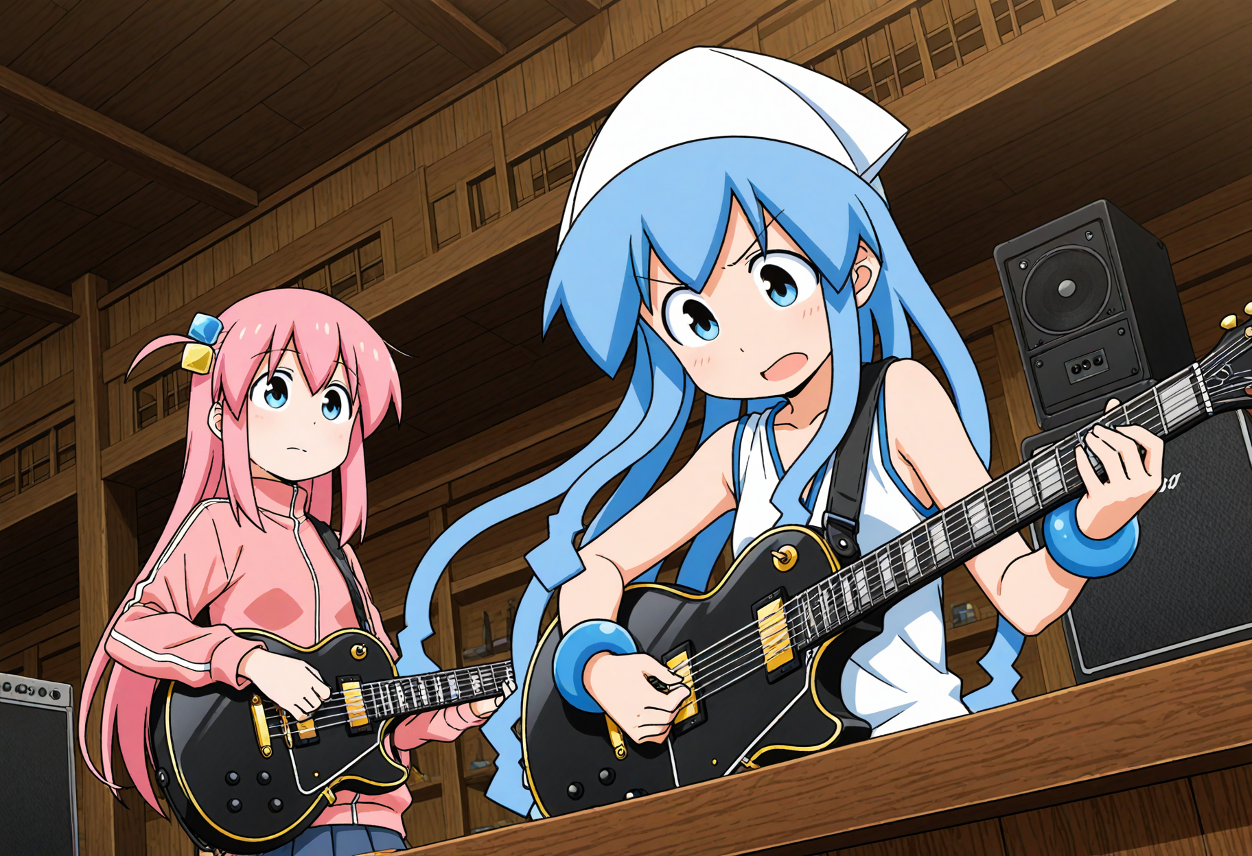 2girls, pub, guitar amp,
1girl, <lora:ikmsm_illustrious_v6:1> ikmsm, ikamusume, playing guitar, 
1girl, gotoh hitori, hair ornament, gibson les paul, playing guitar, jamming, 
front side,
general, masterpiece, best quality, very aesthetic, absurdres, anime coloring,, <lora:dmd2_sdxl_4step:1>