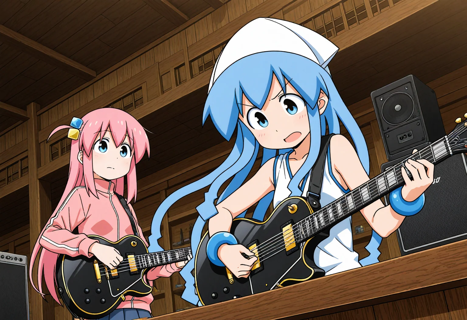2girls, pub, guitar amp,
1girl, <lora:ikmsm_illustrious_v6:1> ikmsm, ikamusume, playing guitar,
1girl, gotoh hitori, hair ornament, gibson les paul, playing guitar, jamming,
front side,
general, masterpiece, best quality, very aesthetic, absurdres, anime coloring,, <lora:dmd2_sdxl_4step:1>